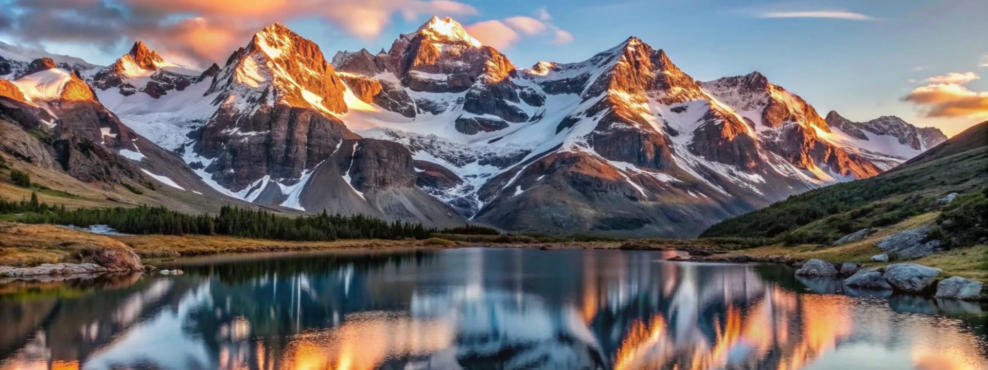 Majestic mountain range reflected in calm lake at sunset.